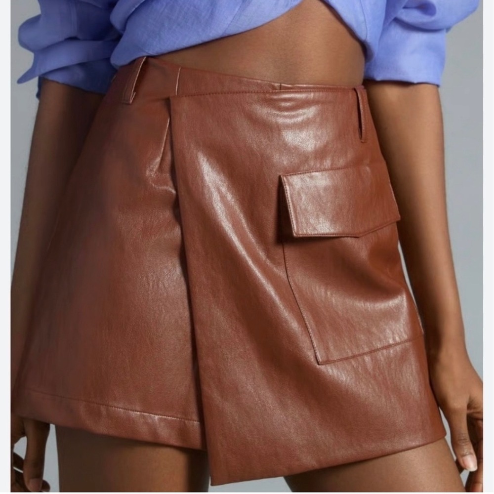TwentySixHundred Brown Anthropologie‎ Faux Leather Wrap Skort Cargo Pocket Large